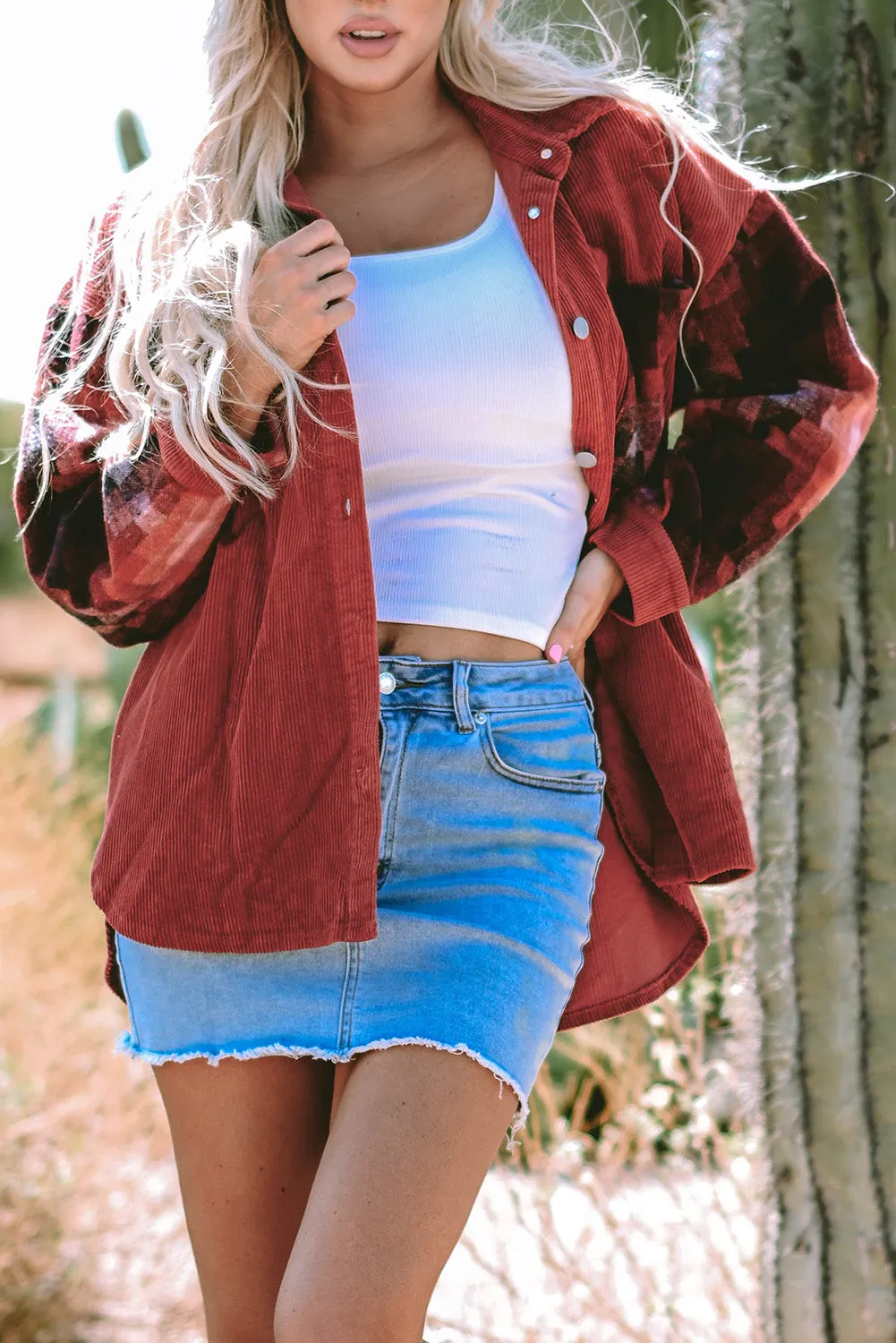 Checker Raw Edge Oversized Corduroy Jacket