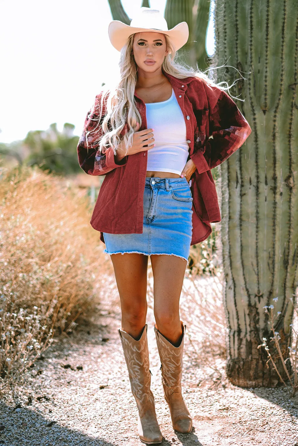 Checker Raw Edge Oversized Corduroy Jacket