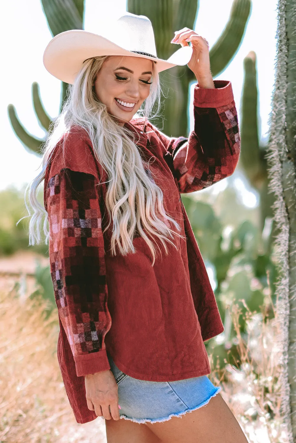 Checker Raw Edge Oversized Corduroy Jacket