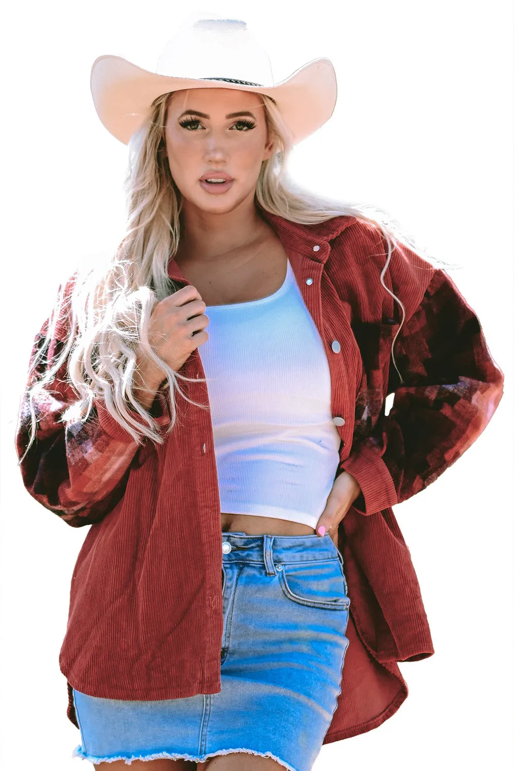 Checker Raw Edge Oversized Corduroy Jacket