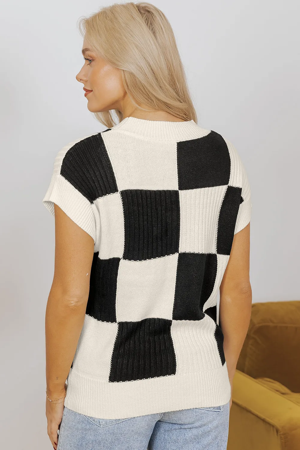 Checkered Color Block Short Sleeve Sweater