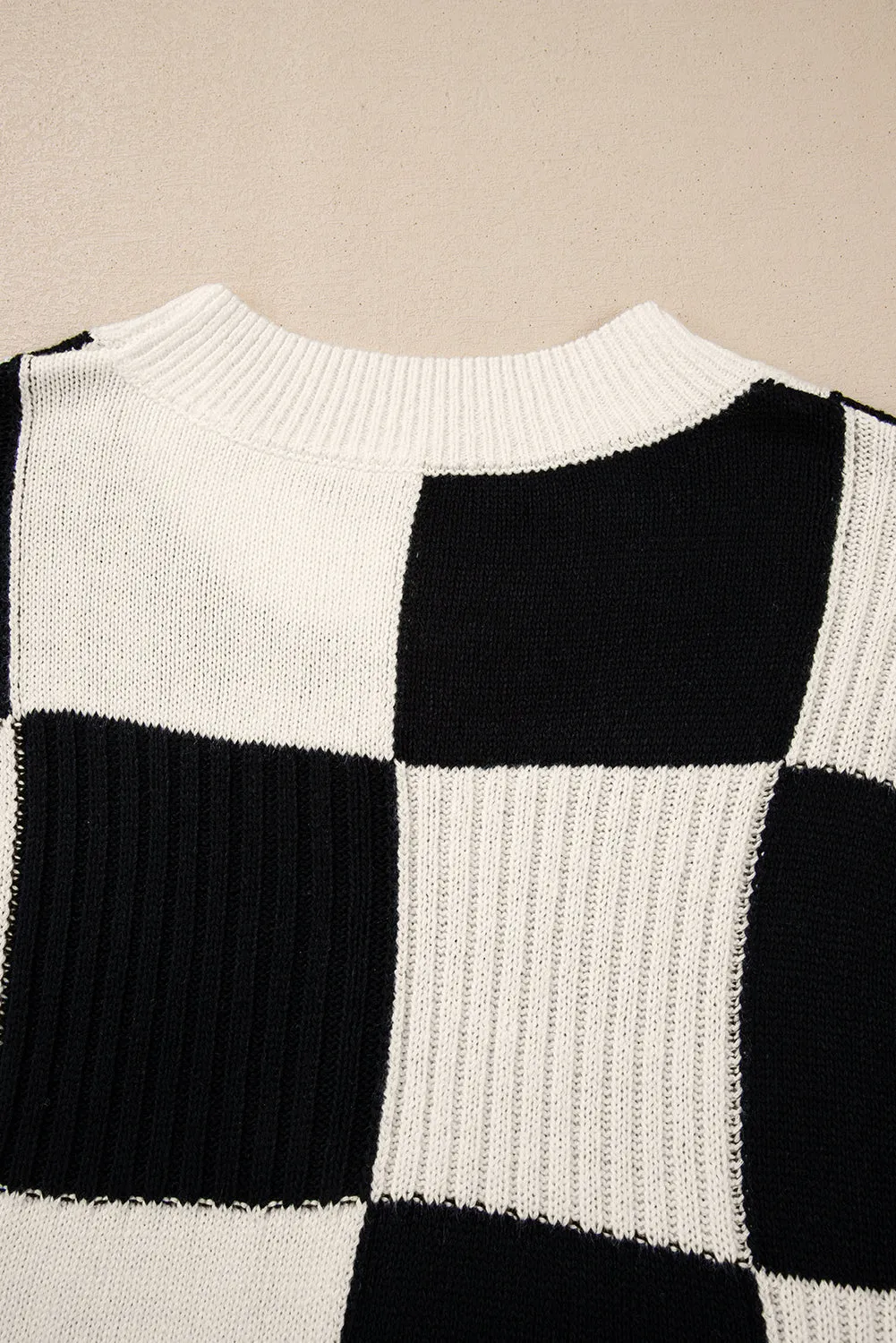 Checkered Color Block Short Sleeve Sweater