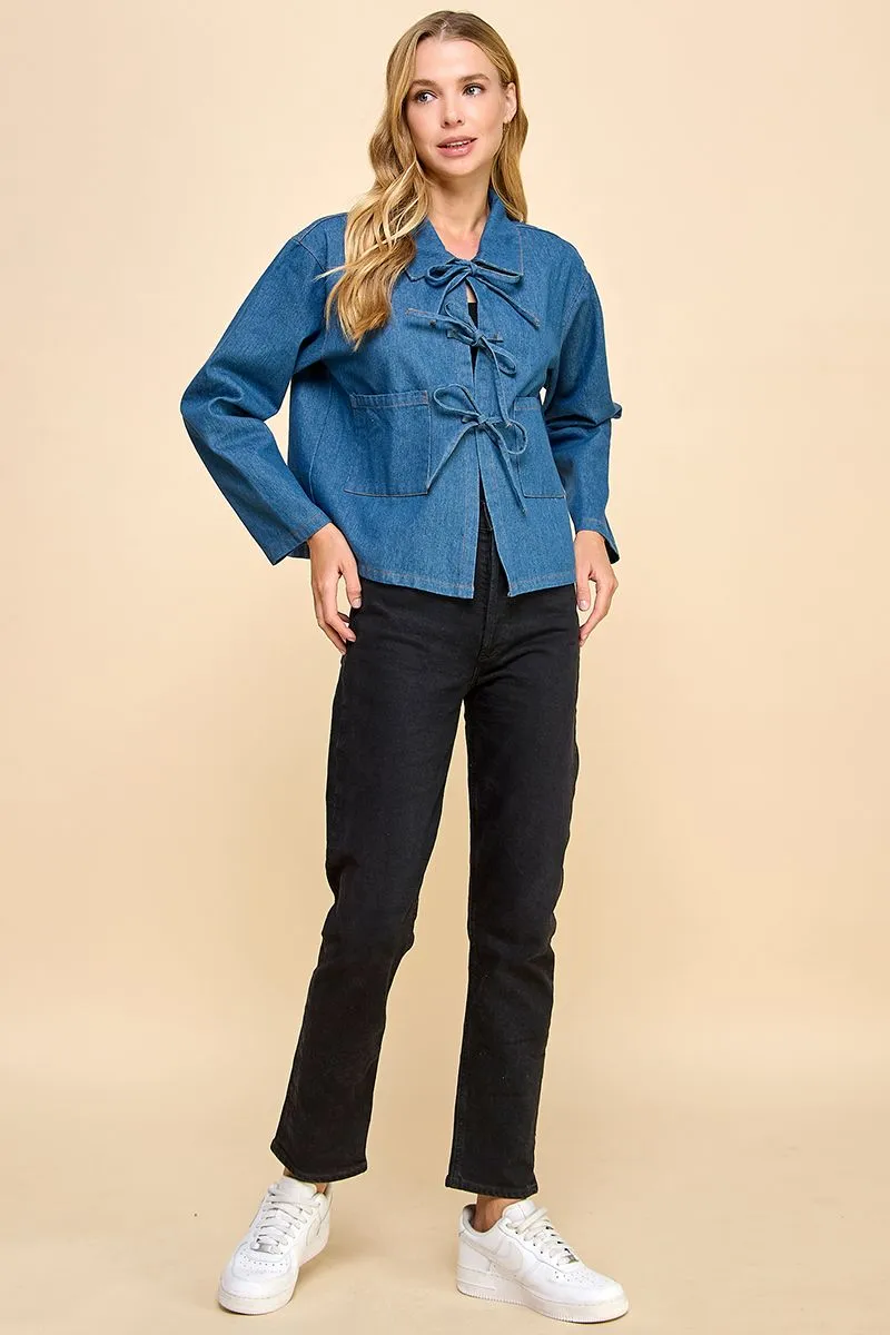 Chic Denim Collared Jacket with Bow Tie Detail