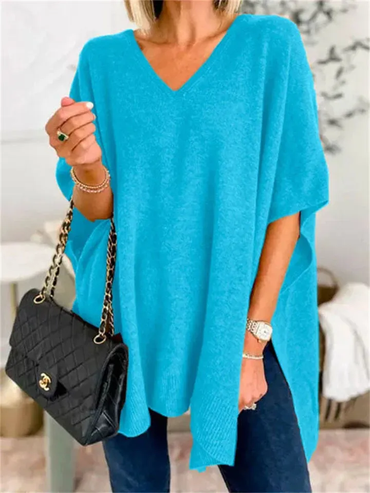Chic V-neck Loose Knitted Poncho Sweater for Women