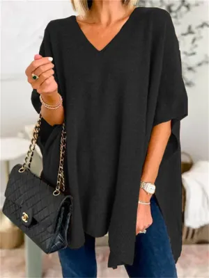 Chic V-neck Loose Knitted Poncho Sweater for Women
