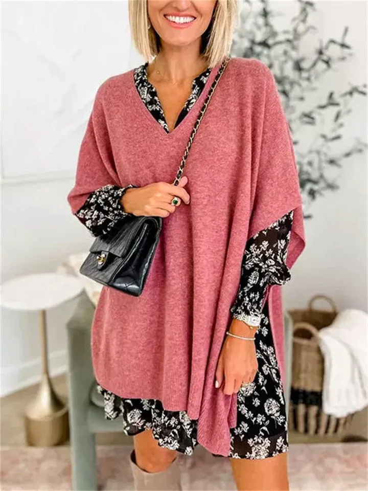 Chic V-neck Loose Knitted Poncho Sweater for Women