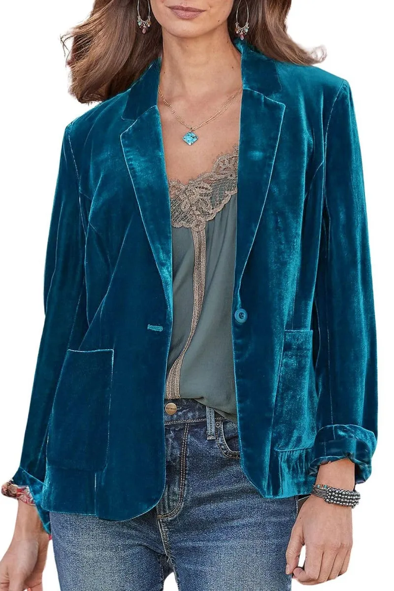 Chouyatou Casual 1 Button Velvet Jacket Women Velvet Cardigan Blazer Office Work Short Coat Suit Jacket with Pocket