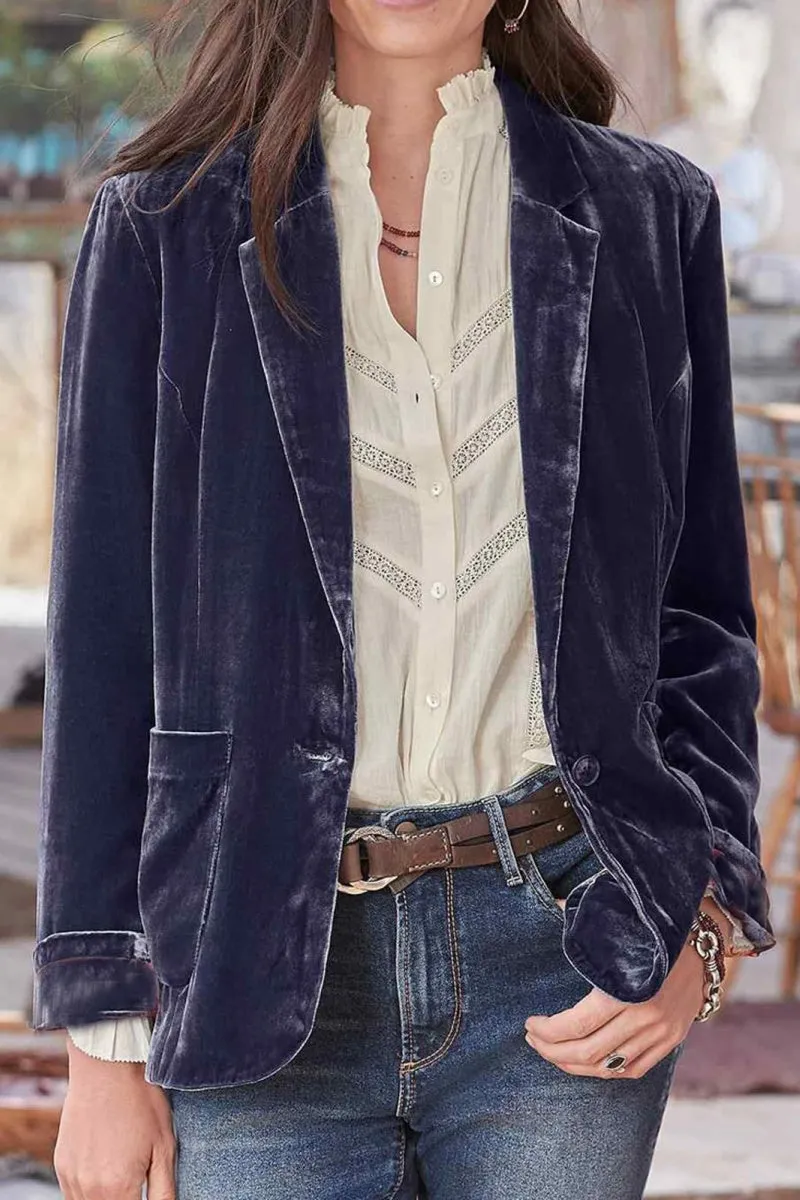 Chouyatou Casual 1 Button Velvet Jacket Women Velvet Cardigan Blazer Office Work Short Coat Suit Jacket with Pocket