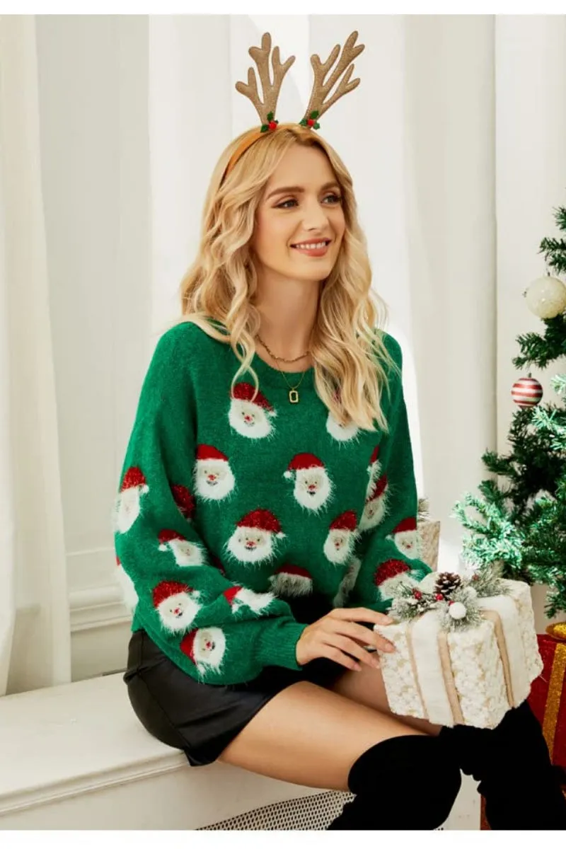 Chouyatou Christmas Sweater for Women Santa Claus Casual Crewneck Long Sleeve Knit Pullover Tops