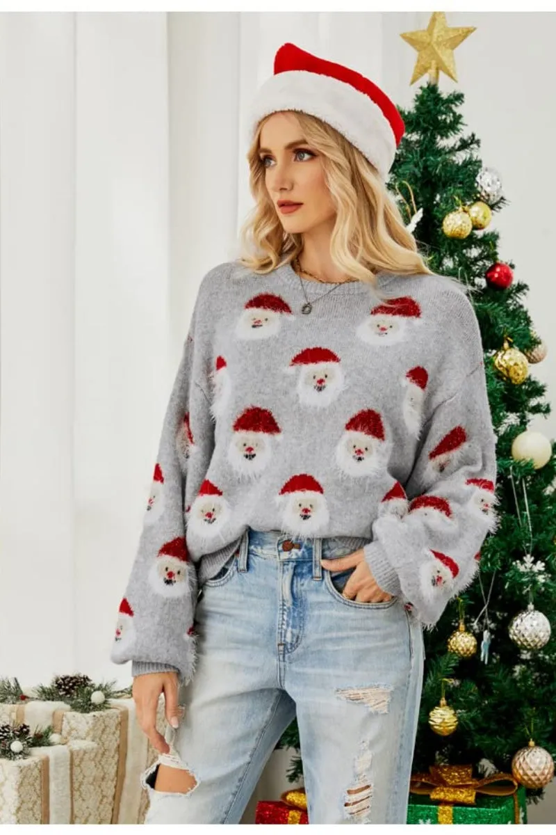 Chouyatou Christmas Sweater for Women Santa Claus Casual Crewneck Long Sleeve Knit Pullover Tops