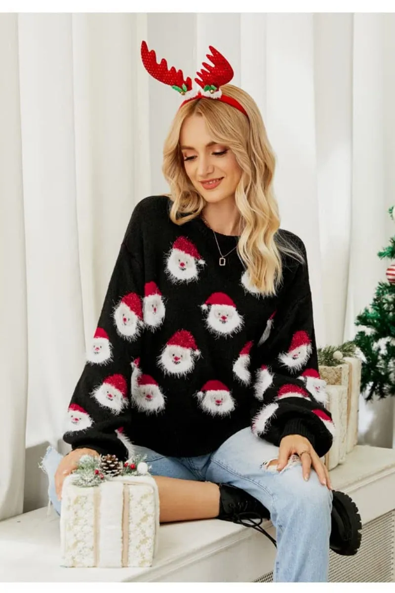 Chouyatou Christmas Sweater for Women Santa Claus Casual Crewneck Long Sleeve Knit Pullover Tops