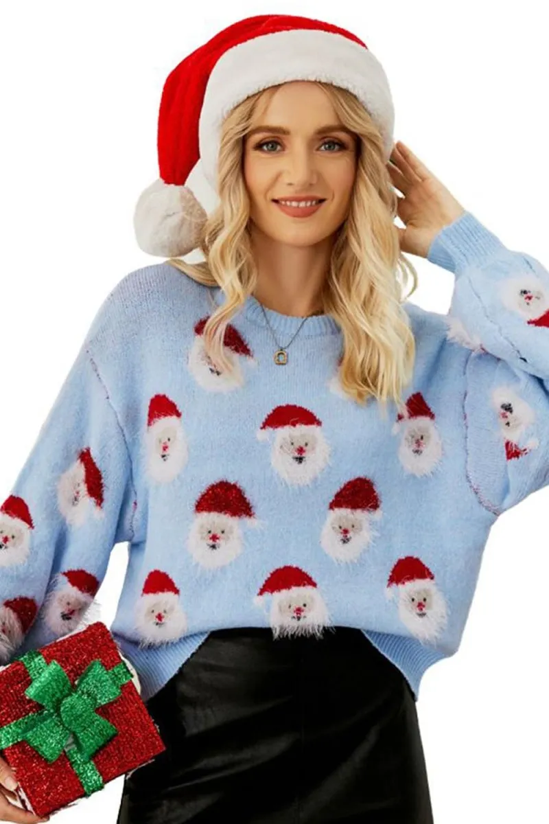 Chouyatou Christmas Sweater for Women Santa Claus Casual Crewneck Long Sleeve Knit Pullover Tops