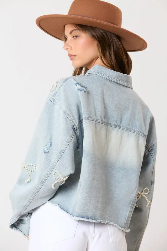 Cotton Denim Washed Pearl Bow Jacket