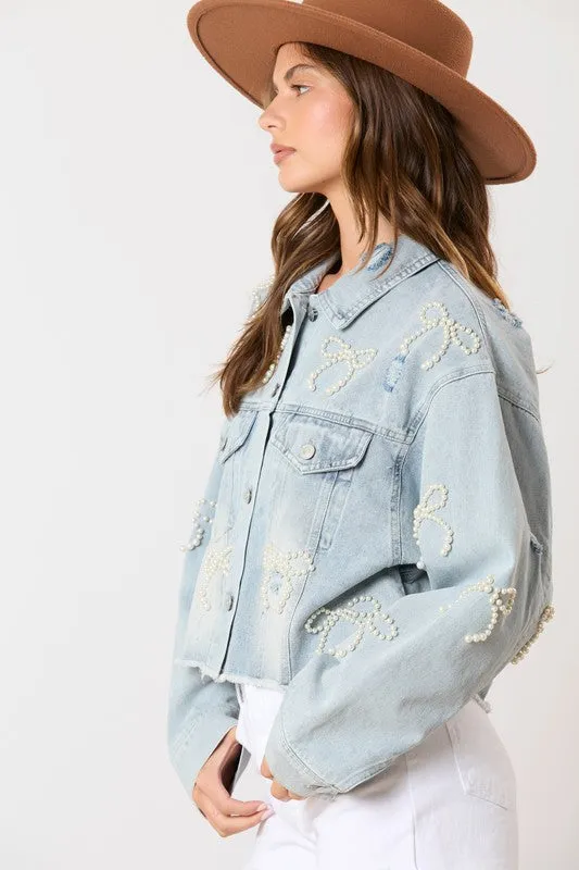 Cotton Denim Washed Pearl Bow Jacket