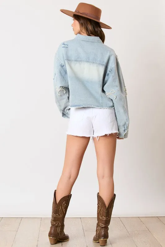 Cotton Denim Washed Pearl Bow Jacket