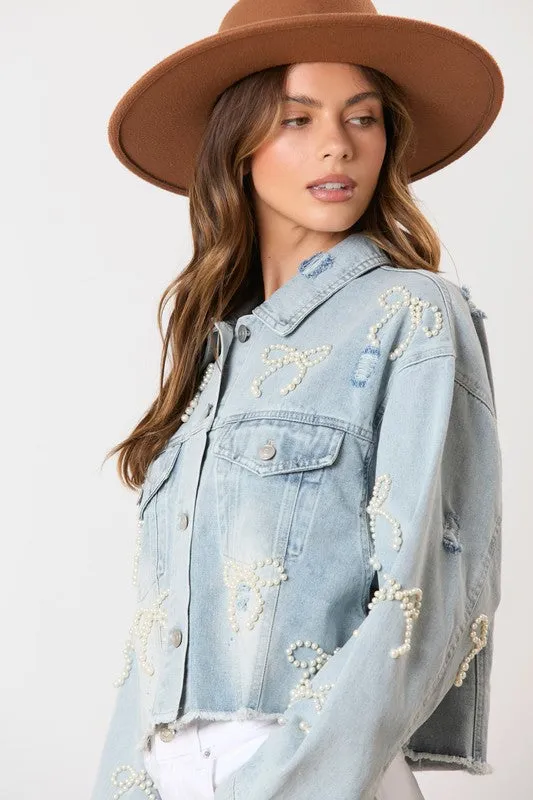 Cotton Denim Washed Pearl Bow Jacket