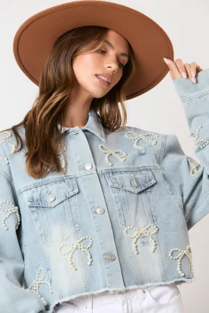 Cotton Denim Washed Pearl Bow Jacket