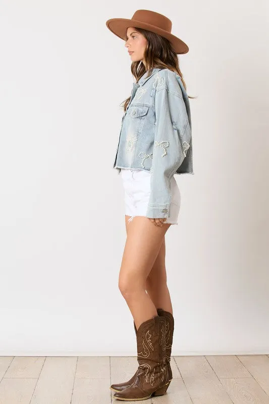Cotton Denim Washed Pearl Bow Jacket