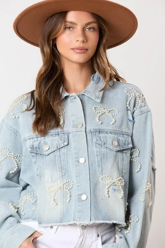 Cotton Denim Washed Pearl Bow Jacket