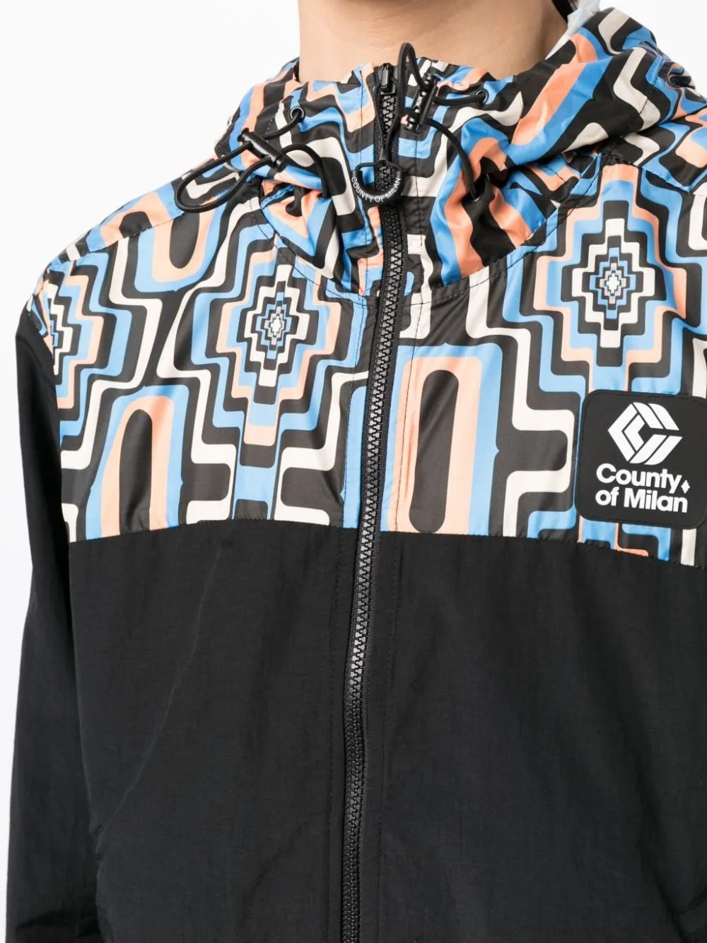 Cross-Print Panelled Hooded Windbreaker