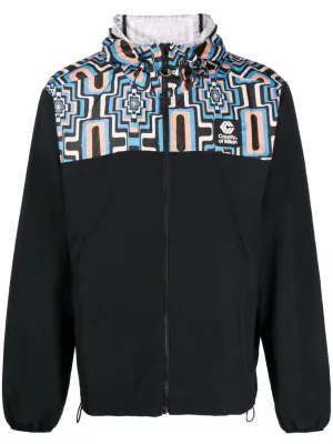 Cross-Print Panelled Hooded Windbreaker