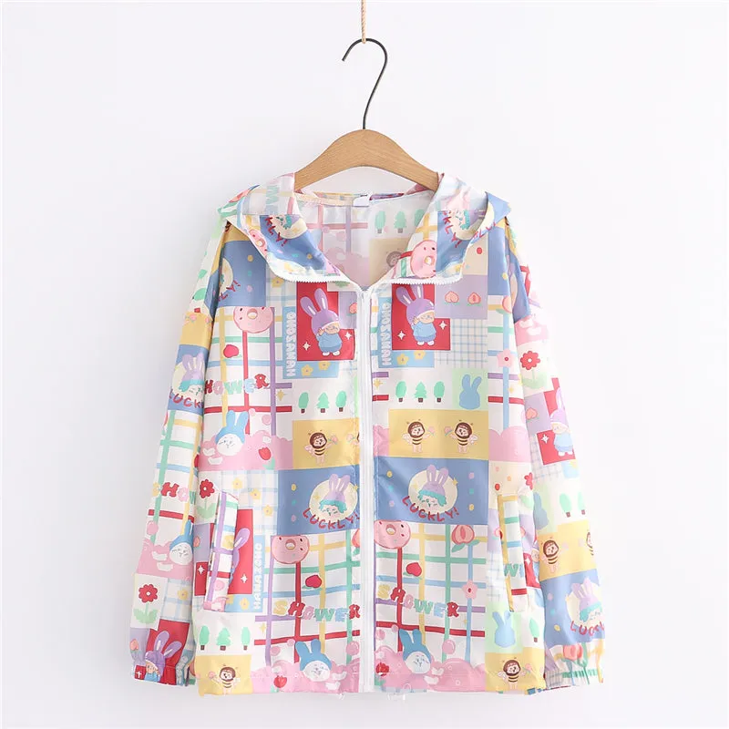 CUTE CARTOON BUNNY PRINT HOODED CARDIGAN UB2788