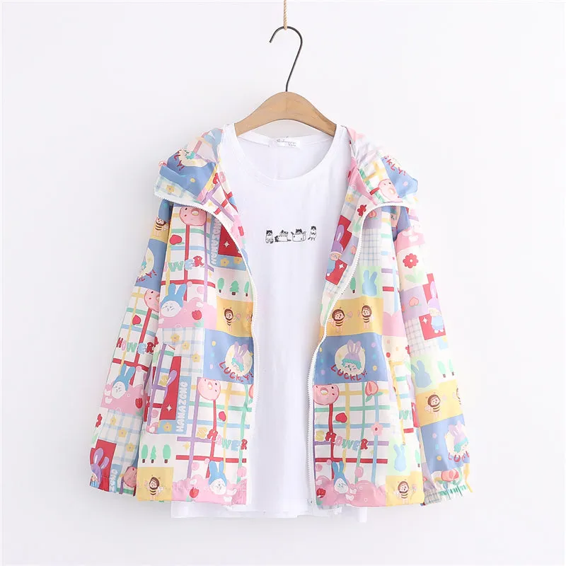CUTE CARTOON BUNNY PRINT HOODED CARDIGAN UB2788