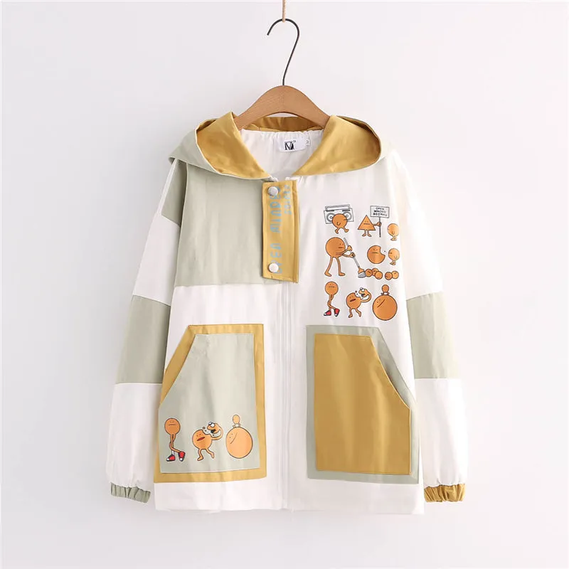 CUTE CARTOON PRINT COLOR BLOCK HOODED JACKET UB2795