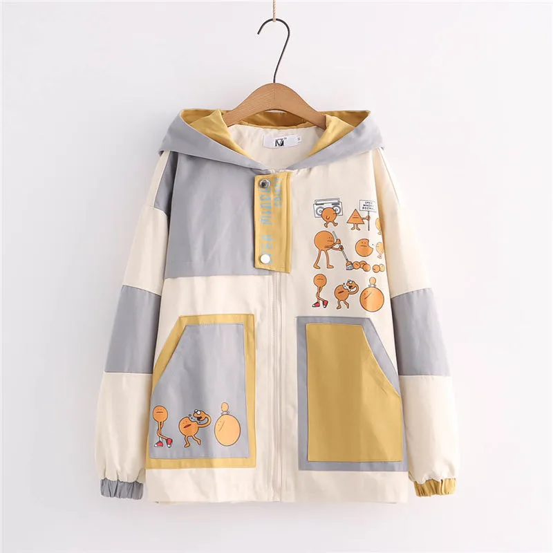 CUTE CARTOON PRINT COLOR BLOCK HOODED JACKET UB2795