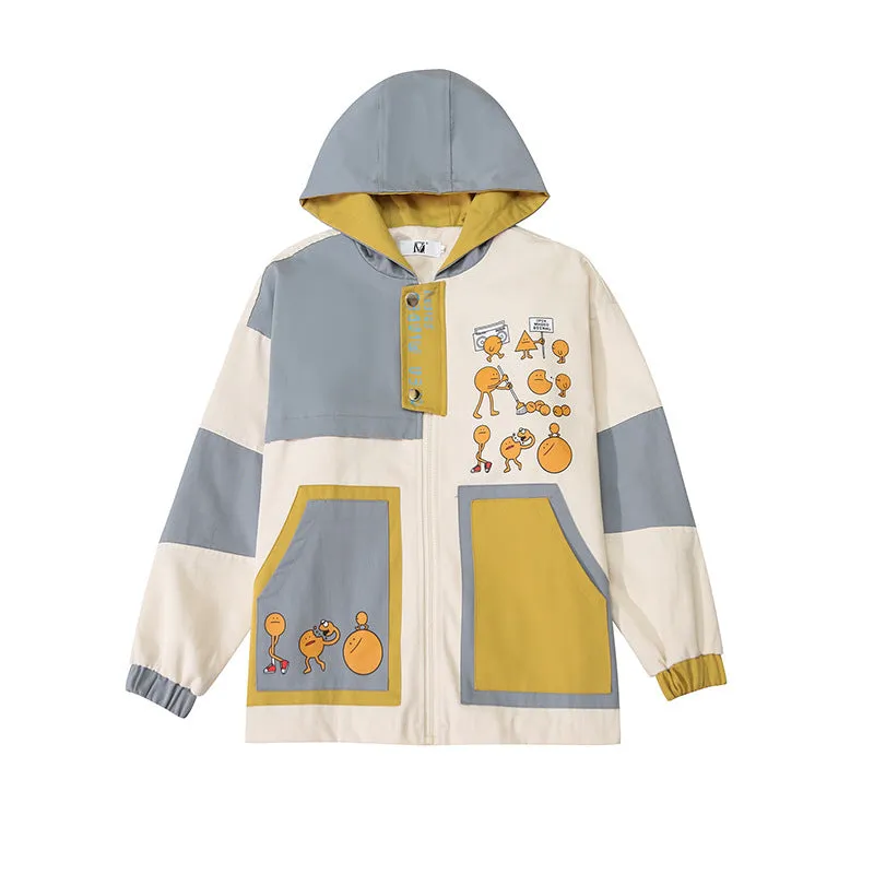 CUTE CARTOON PRINT COLOR BLOCK HOODED JACKET UB2795
