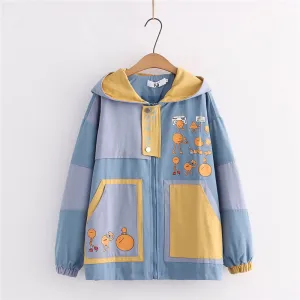 CUTE CARTOON PRINT COLOR BLOCK HOODED JACKET UB2795