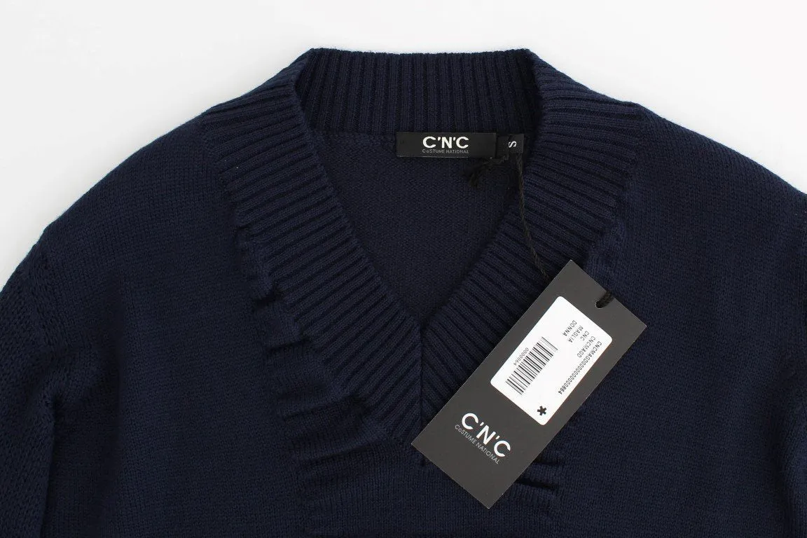 Dark blue V-neck wool sweater