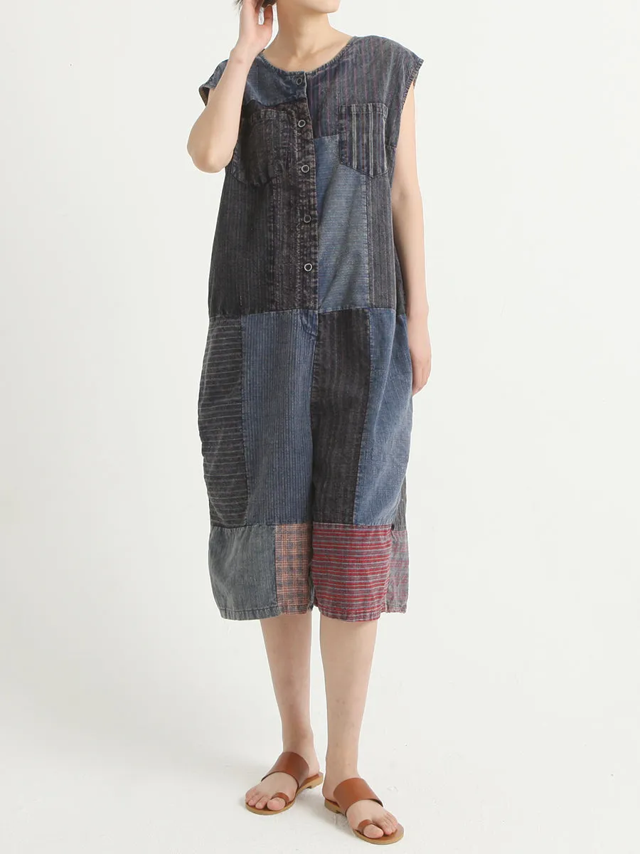 Denim Vintage Summer Patchwork Overalls Jumpsuit