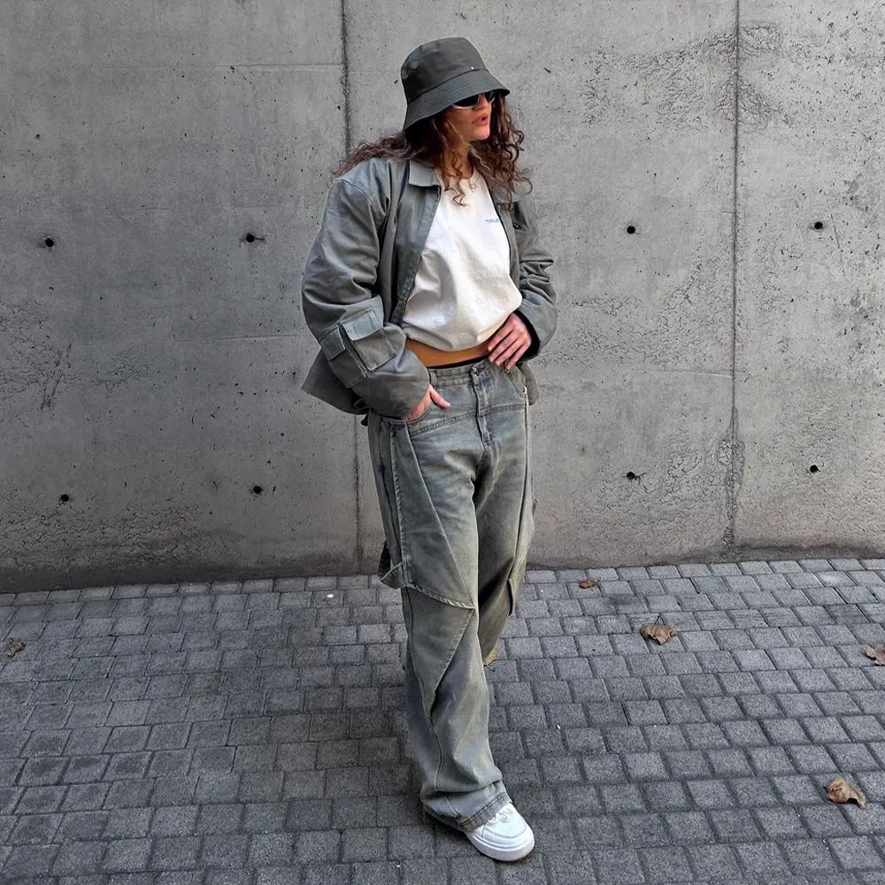 DF|Functional Solid Color Patchwork Jeans