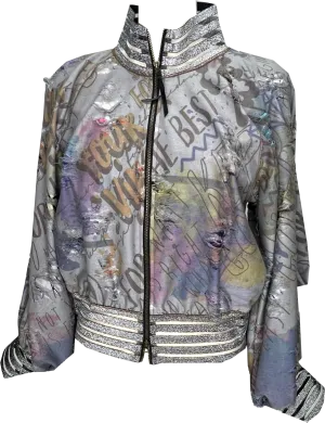 Distress Denim Graffiti Bomber Jacket
