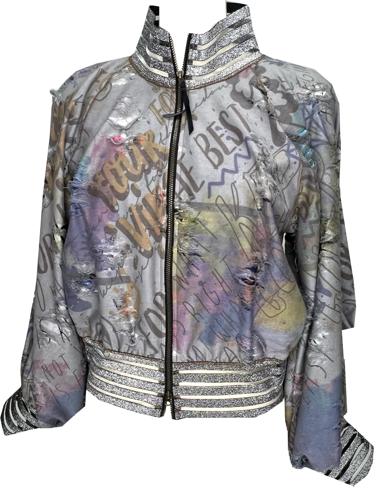 Distress Denim Graffiti Bomber Jacket