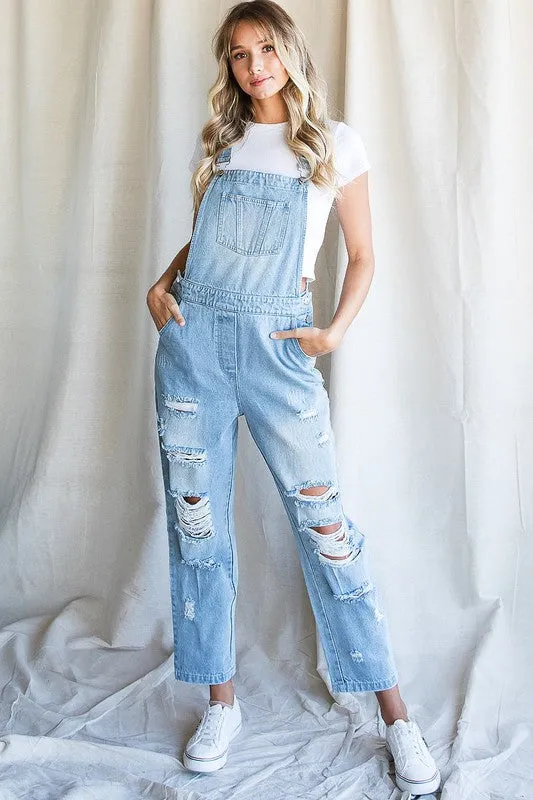 Distressed Denim Overalls W Pocket