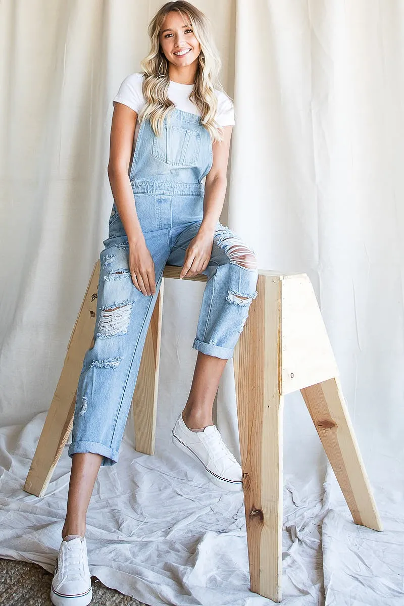 Distressed Denim Overalls W Pocket