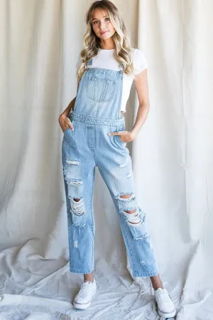 Distressed Denim Overalls W Pocket