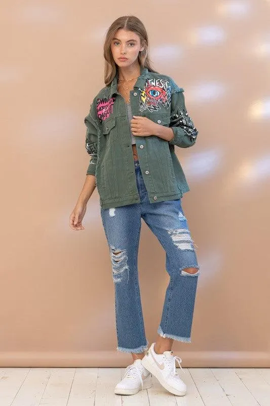 Distressed graffitti Patchwork Denim Jacket