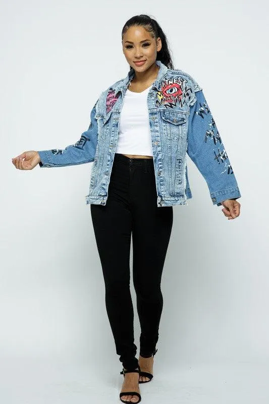 Distressed graffitti Patchwork Denim Jacket