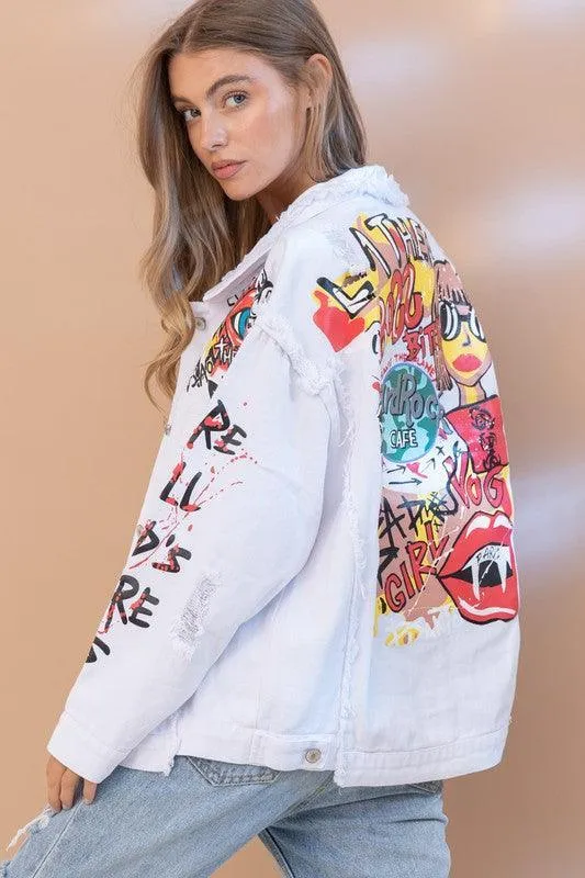 Distressed graffitti Patchwork Denim Jacket