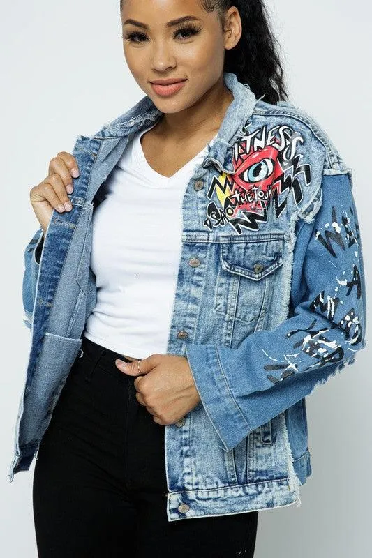 Distressed graffitti Patchwork Denim Jacket