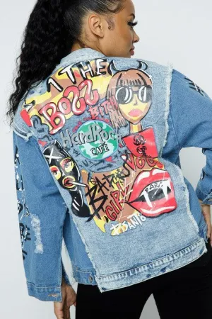 Distressed graffitti Patchwork Denim Jacket