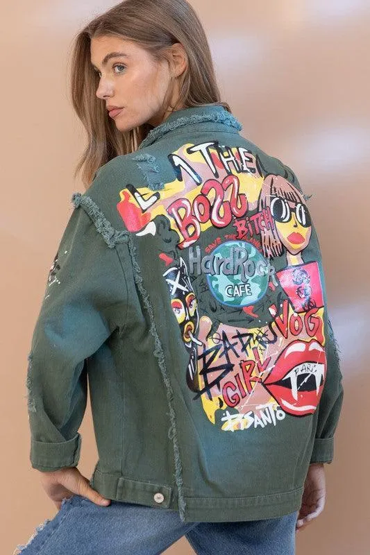 Distressed graffitti Patchwork Denim Jacket