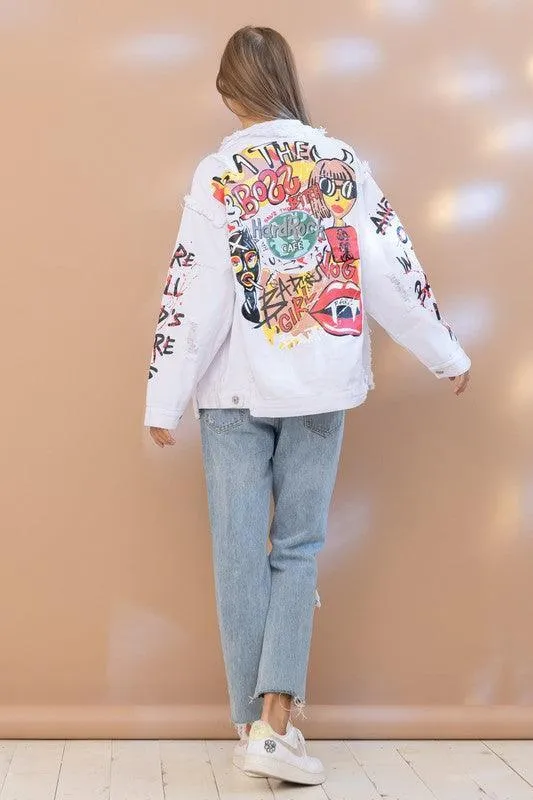 Distressed graffitti Patchwork Denim Jacket