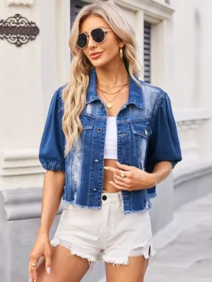 Distressed Raw Hem Button  Denim Jacket
