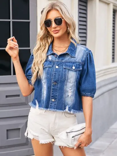 Distressed Raw Hem Button  Denim Jacket