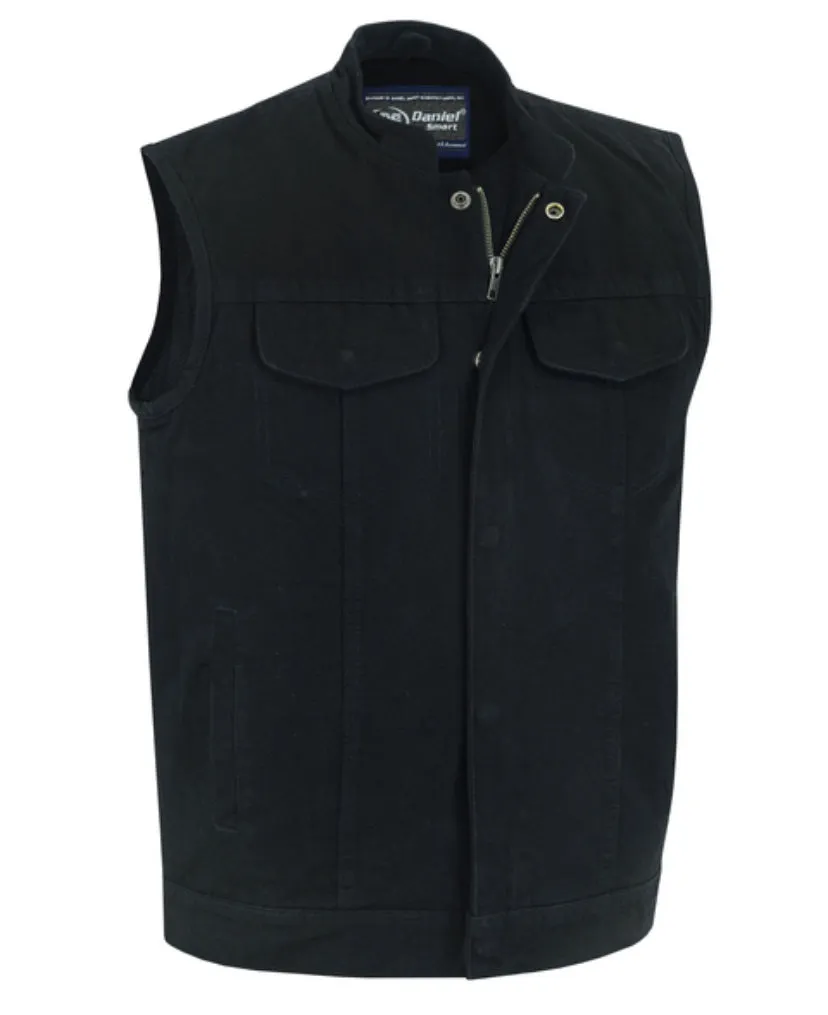 DM989BK CONCEALED SNAP CLOSURE, DENIM MATERIAL, SCOOP COLLAR & HIDDEN ZIPPER COP