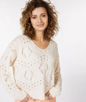 Esqualo Sweater V-Neck Ajour, Off White
